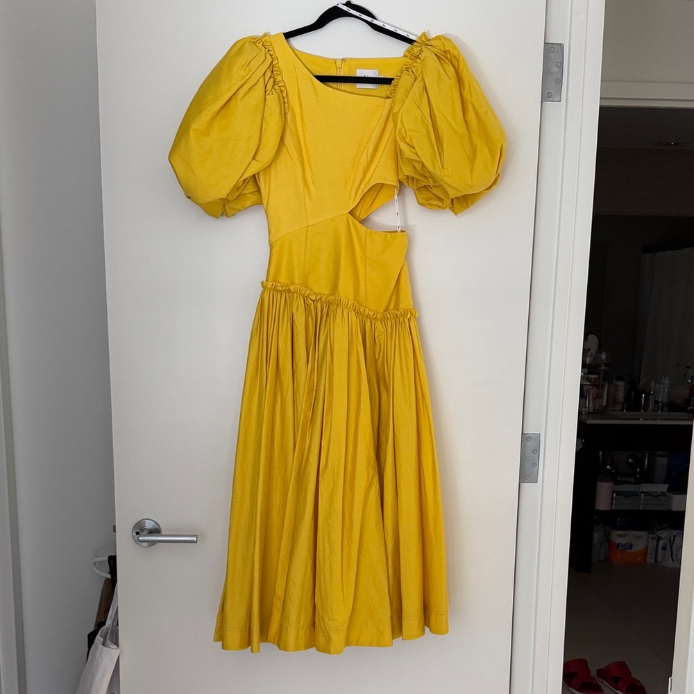 Aje Yellow Cutout Linen-Blend Midi Dress with Puff Sleeves